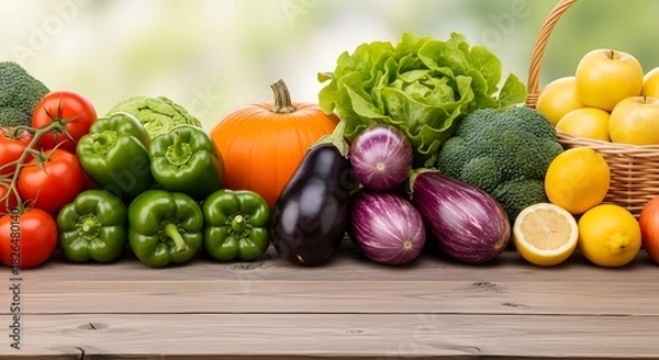 Fototapeta A vibrant and colorful assortment of fresh organic vegetables and fruits from the autumn harvest arranged on a rustic wooden table