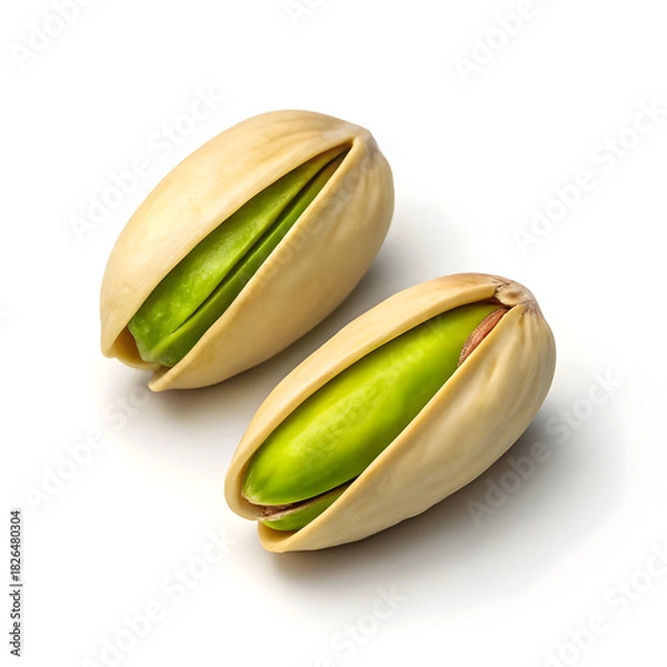 Fototapeta Two open pistachio nuts isolated on clean white background