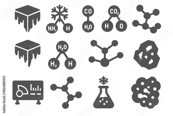 Obraz Icy Chemistry Icons. Solid style icons of icy body chemistry: frozen methane, carbon monoxide, carbon dioxide, ammonia ice, water