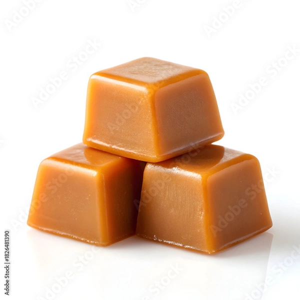Fototapeta Stacked caramel candy cubes on white background