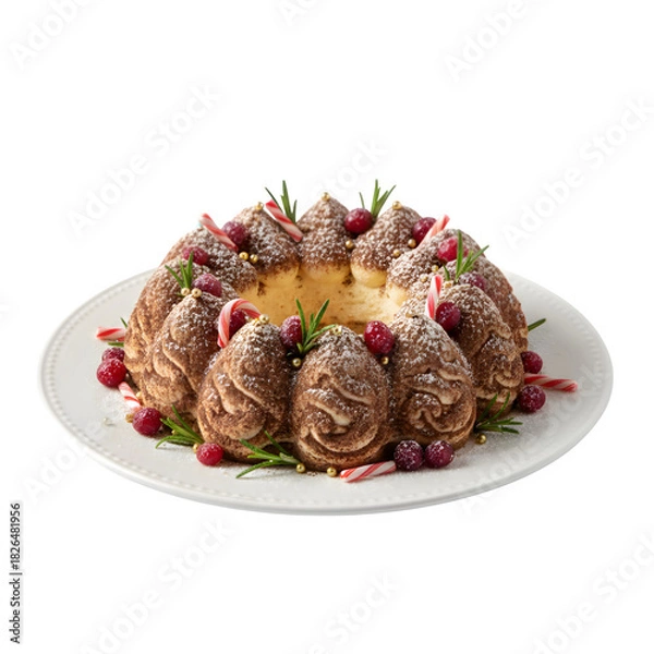 Fototapeta Elegant Tiramisu Ring Decorated as a Christmas Crown with Cranberries, Candy Canes, and Rosemary isolated on a transparent background 