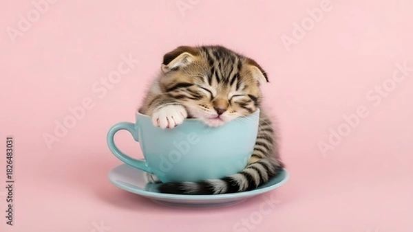 Obraz “Elegant white cat sitting proudly with fluffy long fur, bright clean background, premium studio-style lighting, majestic and calm pet portraitcat and tea