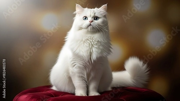 Obraz “Elegant white cat sitting proudly with fluffy long fur, bright clean background, premium studio-style lighting, majestic and calm pet portrait