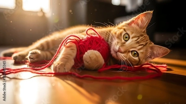 Obraz “Active ginger cat playing with a knitted red string on warm indoor floor, cozy light, playful adorable pose, high-detail fur and soft bokeh