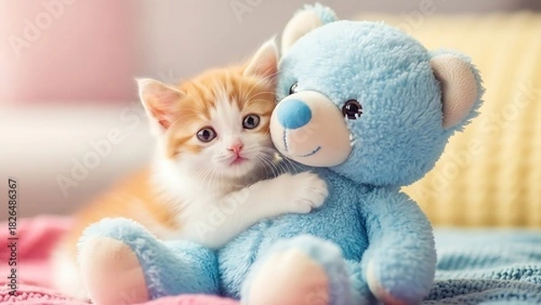 Obraz “Cute cat cuddling a blue teddy toy on a soft bed, warm cozy lighting, adorable emotion, gentle indoor mood, high-detail pet portrait