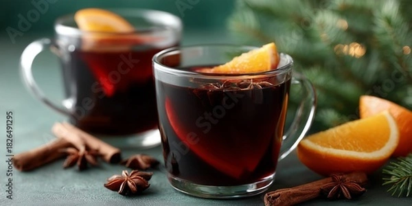 Fototapeta Warm spiced beverage in glass cups garnished with orange slices and star anise, surrounded by festive greenery, creating a cozy winter atmosphere for holiday celebrations