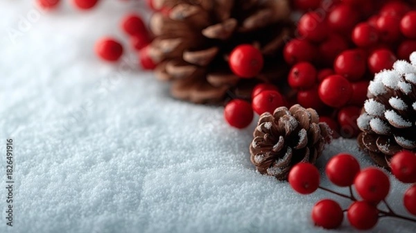 Fototapeta Festive arrangement of pine cones, red berries, and snowflakes on a soft white surface, creating a cozy winter atmosphere with holiday spirit and seasonal charm