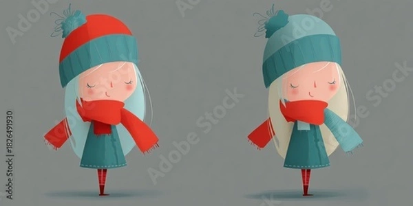 Fototapeta Two cheerful cartoon girls wearing colorful winter hats and scarves, standing side by side, showcasing playful expressions and cozy attire in a whimsical illustration