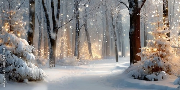 Fototapeta Winter forest scene with snow-covered trees and twinkling lights, creating a magical atmosphere, inviting exploration and tranquility in a serene landscape
