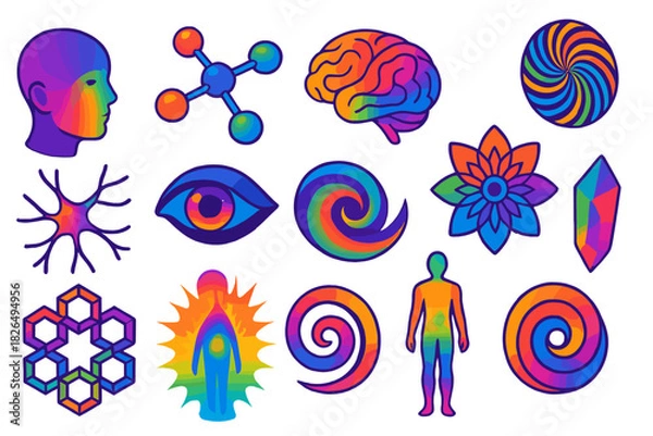 Obraz Psychedelic Science Icons. Isometric vector illustration set Psychedelic Science: human consciousness head, molecule atom