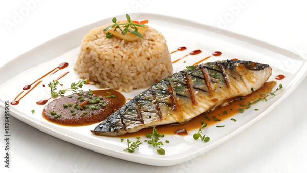 Fototapeta Delicious grilled fish with rice and sauce on a white plate