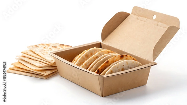 Fototapeta Cardboard box filled with flatbreads and a stack of flatbreads beside it