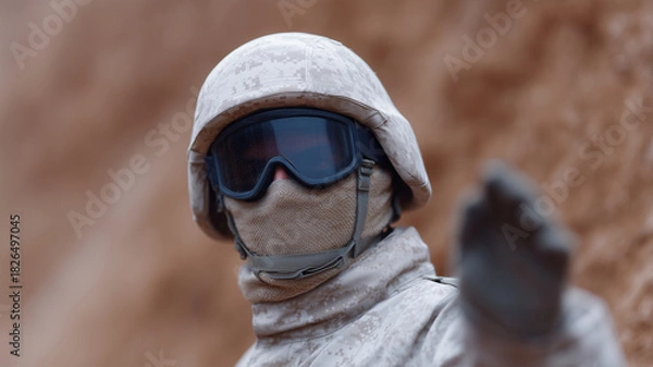 Fototapeta Soldier in camouflage uniform and tactical gear using hand signal for communication during military operation, focused and alert in desert environment