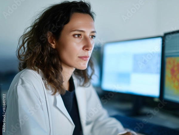 Fototapeta Scientist analyzing air quality data on computer in laboratory, focused expression, modern technology, environmental research, female researcher, professional workspace