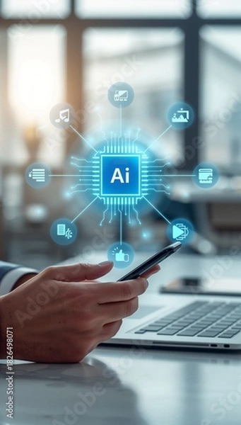 Fototapeta Futuristic AI Workspace on a Desk