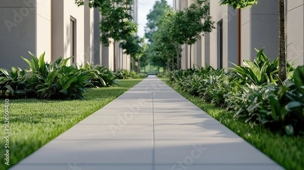 Fototapeta Modern Pathway Surrounded by Lush Greenery in Urban Setting