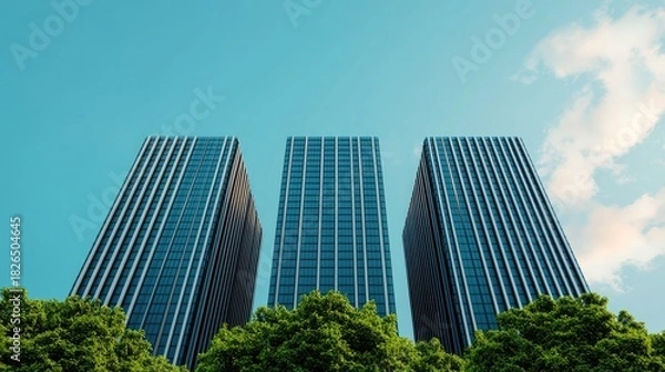 Obraz Modern Architecture with Skyscrapers Surrounded by Lush Green Trees