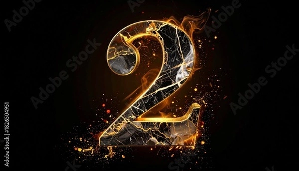 Fototapeta Shimmering gold-veined number 2 carved from fractured onyx, swirling with molten light and ember sparks, creating a surreal blend of fluid motion, mystical energy, and regal sculptural artistry.