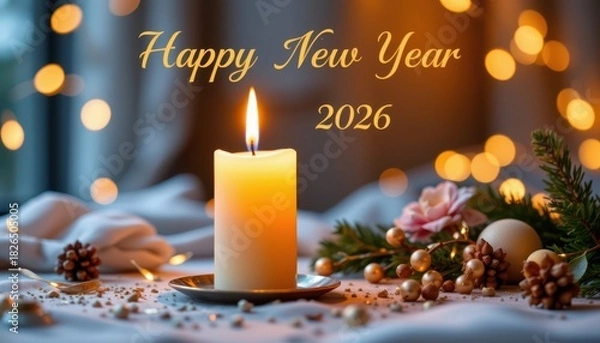 Obraz a warm candlelight happy new year 2026 card formatted as a postcard with generous copy space, soft glowing illumination, subtle bokeh highlights, decorative gold accents.
