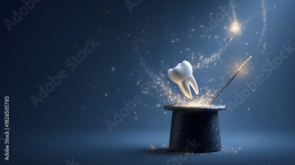 Obraz Tooth implant in magician hat with sparkle magic wand, creative dental healthcare and modern medicine concept, fantasy dental care design