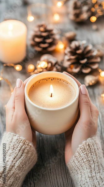 Obraz Hands Holding Hot Drink with Winter Glow and Lights
