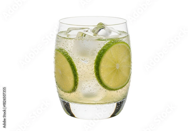 Obraz Isolated glass of sparkling lime drink, gin tonic, or lemonade, with ice and citrus fruit