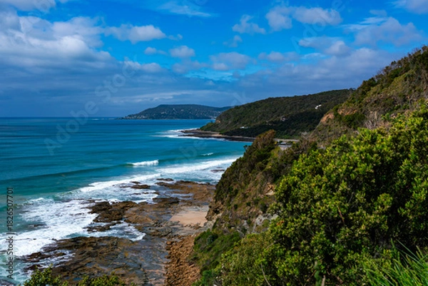 Fototapeta View of the sea and the hills along the Great Ocean Road in Melbourne, Victoria, Australia.