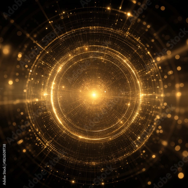 Obraz radiant circular design with a glowing golden light at its center, surrounded by intricate details and symmetrical patterns. It conveys a sense of energy, illumination, and balance, making it visually