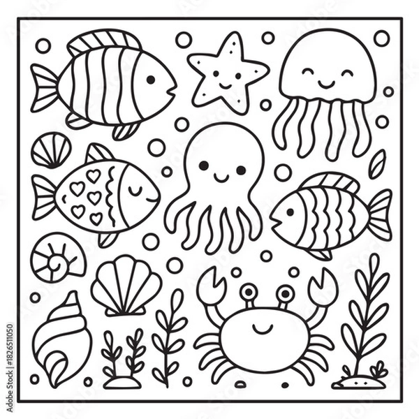 Fototapeta Cute Ocean Animals Coloring Page. A square black and white underwater scene with fish, octopus, jellyfish, crab, starfish, shells and sea plants in a kawaii style.