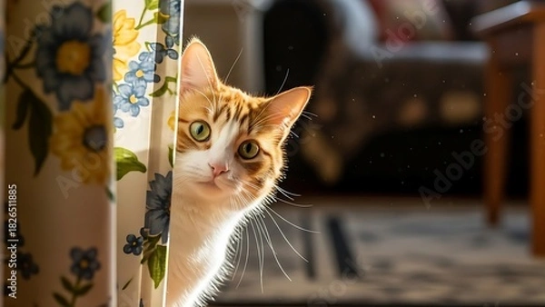 Fototapeta “Cute tabby cat licking an ice cream cone outdoors in sunlight, summer bright mood, playful expression, soft bokeh background, fun lifestyle pet shot
