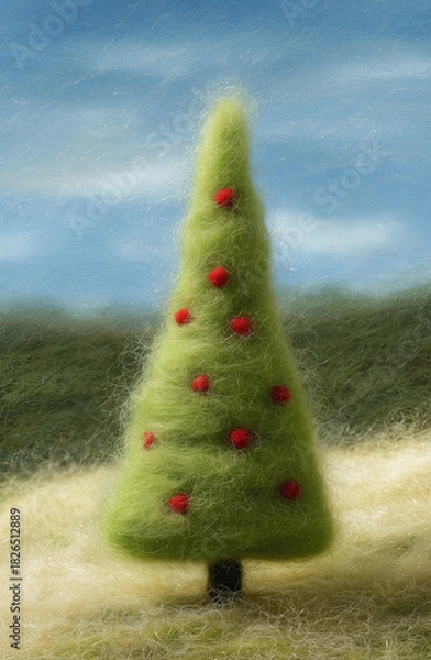 Fototapeta Green felt Christmas tree with red ornaments stands alone in a serene landscape, showcasing a whimsical holiday spirit and inviting festive cheer