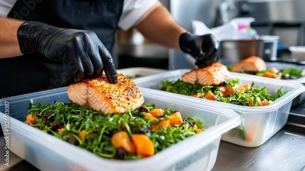 Obraz Chef preparing healthy salmon meal prep containers