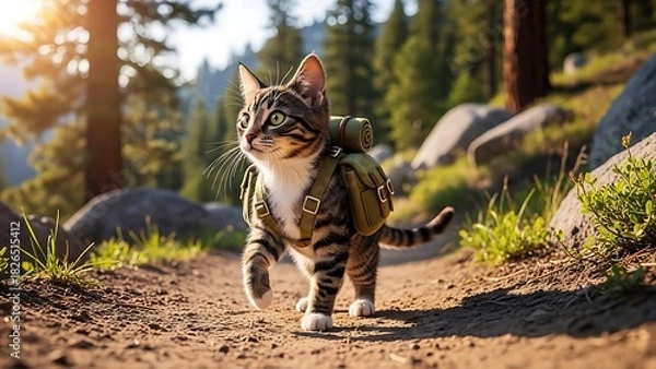 Fototapeta “Playful tabby cat walking confidently on green grass in a bright outdoor garden, sunlight glow, dynamic pose, nature background, sharp details, professional animal photography