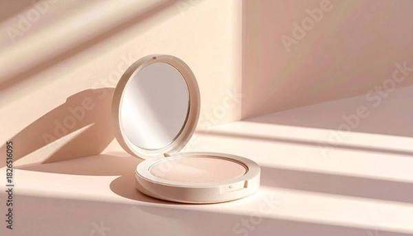 Fototapeta Elegant powder foundation compact with mirror, bathed in soft natural light for a sophisticated and modern beauty product shot on a pink surface