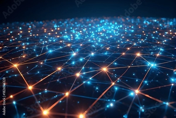 Fototapeta Stunning digital network with vibrant glowing nodes connecting data points, creating a modern high tech background perfect for innovation concepts