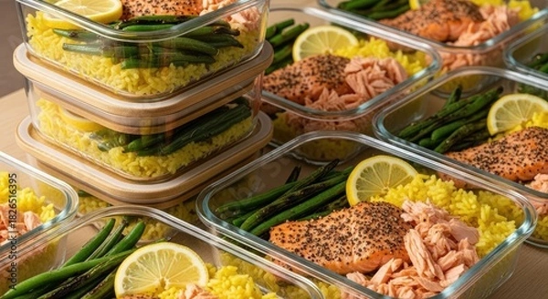 Obraz Healthy Meal Prep - Salmon, Rice, and Green Beans in Containers.