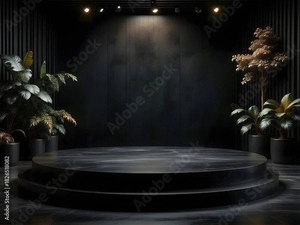 Fototapeta Stunning minimalist stage for product display or luxury event backdrop, featuring elegant dark marble and vibrant plant accents in a professional setting