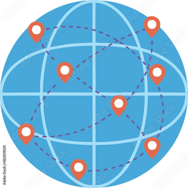 Fototapeta Blue globe with location pins and dotted paths, representing worldwide connections, global logistics, and international communication routes