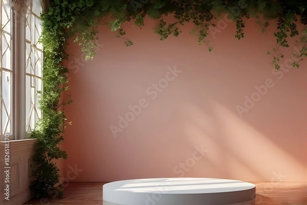Fototapeta Modern interior mockup with soft pink wall, lush green vines, and sunlight creates a serene space for showcasing your product or design with natural elegance