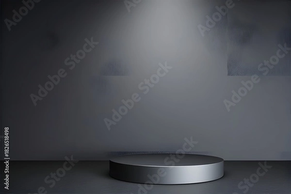 Fototapeta Sleek modern product display stand illuminated by spotlight, perfect for showcasing luxury items or minimalist designs in a studio setting with a gray background