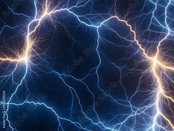 Fototapeta Stunning electrical discharge with vibrant blue and yellow bolts, perfect for technology, science, or energy concepts. Powerful visual for dynamic projects