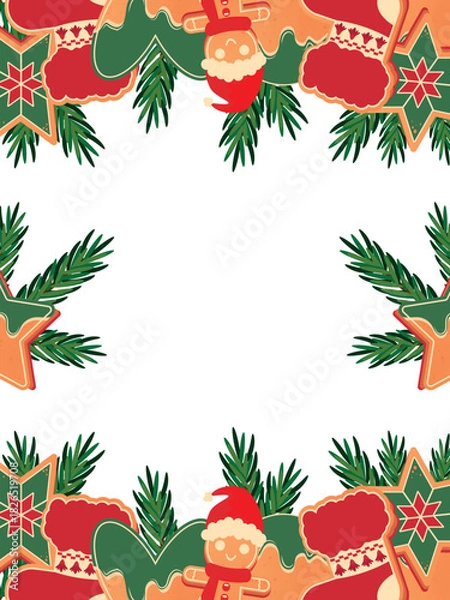 Obraz Christmas frame design Green pine trees, fir branches, red berries, Christmas gingerbread, Greeting banner template, invitation