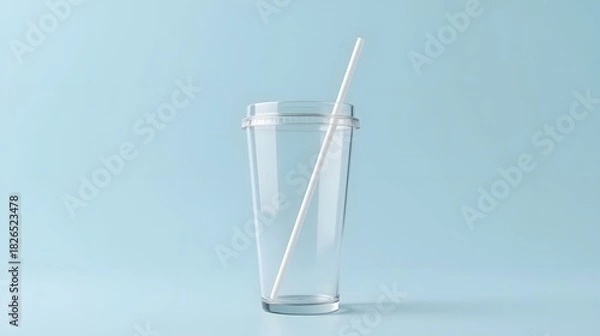 Fototapeta Refreshing clear plastic cup with straw on light blue background perfect for beverage ads or sustainable drinkware campaigns, promoting simple hydration