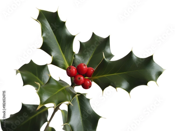 Fototapeta Sprig of holly with red berries isolated on transparent background