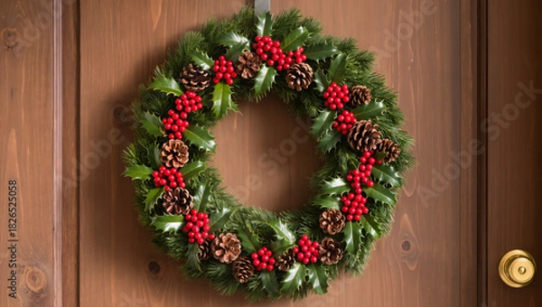 Fototapeta Christmas wreath made of pine branches, holly leaves, red berries and pinecones hanging on a wooden door. Festive holiday decor element.