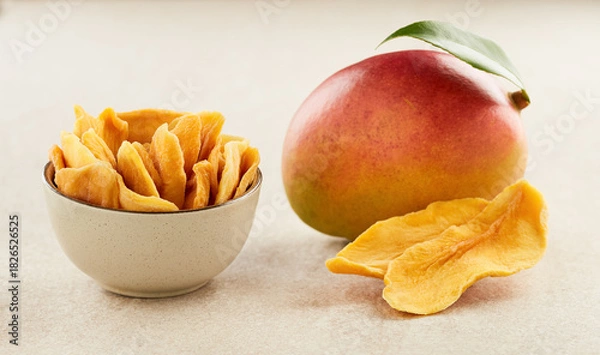 Obraz Mango slices dehydrated in closeup in beige background