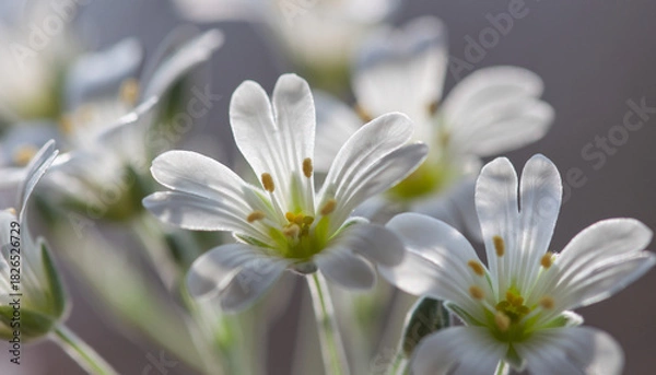 Obraz Close-up view of delicate white flowers with soft petals and visible yellow stamens, bathed in gentle light.