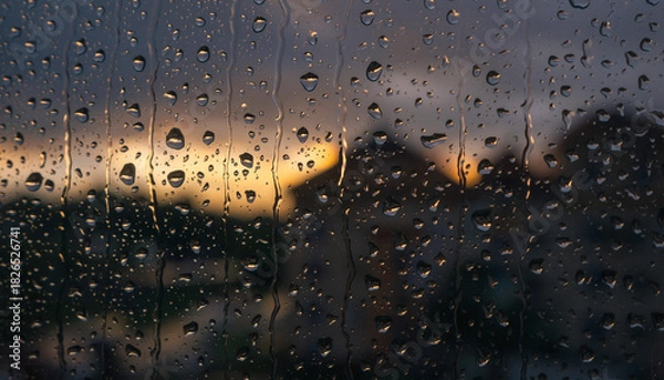 Fototapeta Raindrops on a window pane with a blurred view of buildings and a warm sunset sky.