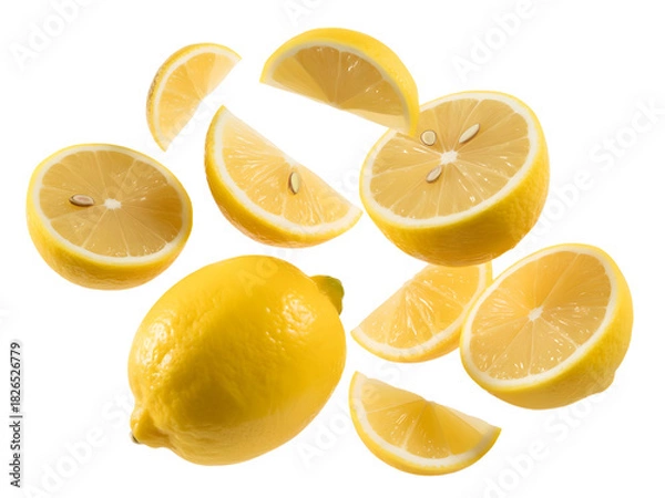 Fototapeta Fresh yellow lemons and slices isolated on transparent background