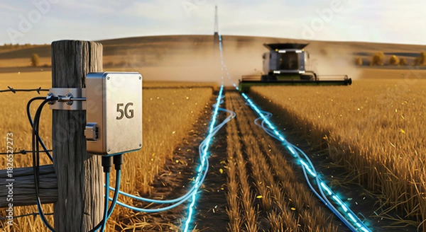 Fototapeta Antenna and 5g connection are shown in autumn farm field, concept of telecommunication infrastructure, satellite connection, and wireless networks. Digital technologies improve rural farm management.